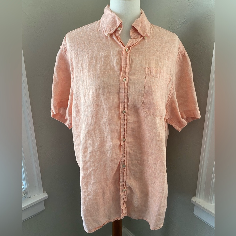Lincs David Chu Peach 100% Linen Short Sleeve Collared Shirt Preppy Spring Golf